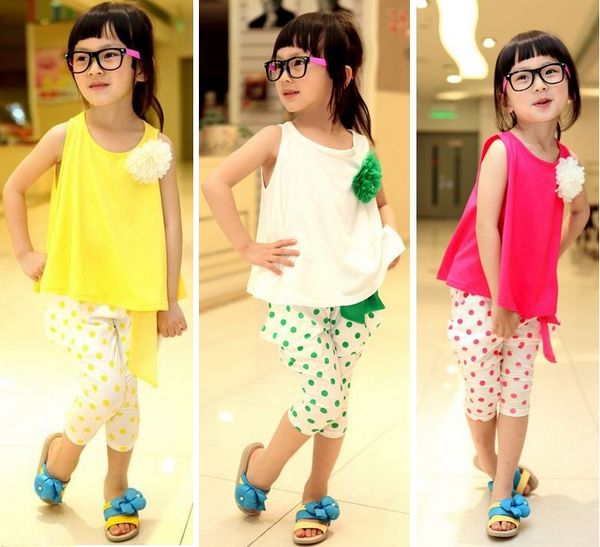 

children's clothing summer set child flower female vest polka dot harem pants kids clothes girls clothing sets 3 colors, White