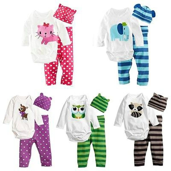 

baby romper sets (romper+hat+pants)cotton children casual cartoon baby boys girls sets clothes boy clothes suit, Blue