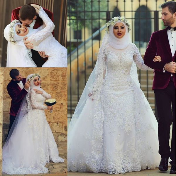 

arab hijab saudi arabia modest muslim wedding dresses long sleeve lace beads over skirt mermaid bridal gowns with sleeves, White