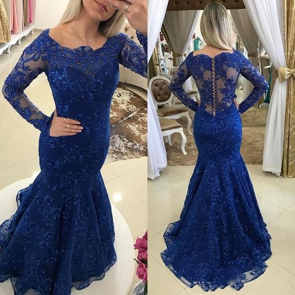 

2018 arabic royal blue prom dresses scoop neck long sleeves beaded full lace mermaid sweep train plus size formal evening party pageant gown, Black