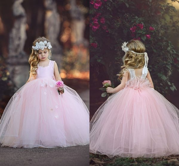 

2017 new princess pink sleeveless ball gown tulle flower girl dresses cute handmade flowers lace back girls pageant dresses for weddings, White;blue