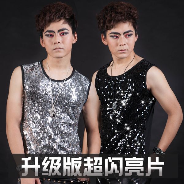 

wholesale- fashion neew men's silver black sequin slim vest costumes nightclub singer male dj paillette vest male fashion stage costume, Black;white