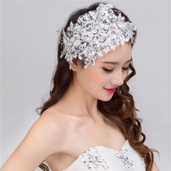 

bridal wedding handmade lace rhinestone flowers pearls headdress bridal crown 2018 romantic flower shaped bridal tiaras jewelry accessories, Silver