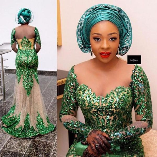 

green sequined prom dresses aso ebi mermaid sheer neck long sleeves evening gowns plus size saudi arabia formal party vestidos, Black