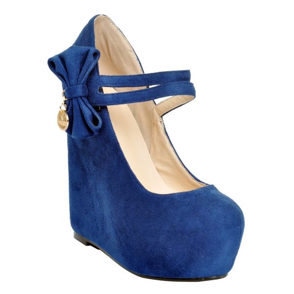 

kolnoo womens fashion 15cm faux suede bow tie wedge high heel platform pumps court shoes blue xd189, Black