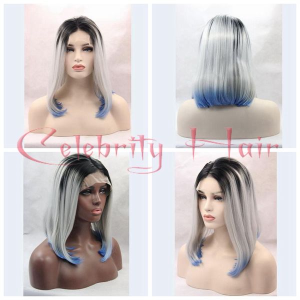 Short Bob Cosplay Wigs 3 Tones Silver Grey Synthetic Lace Front
