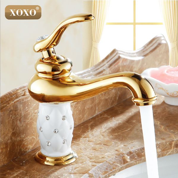 Atacado- XOXO Frete Grátis Banheira Bacia Torneira De Ouro, Latão Com Diamante / Cristal Body Tap Nova Alça Única e Cold Tap 50015GT