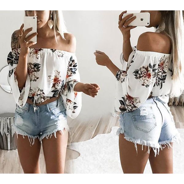 

2017 Новый женский длинный рукав с плеча цветок печатной футболки обруча леди топы