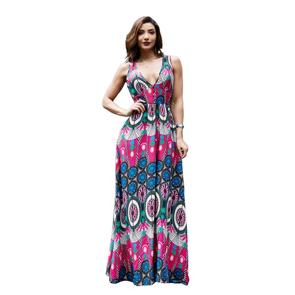 

2017new style women's national style summer's long printing dress deep v-neck dress beautiful beach dress -xl, Black;gray