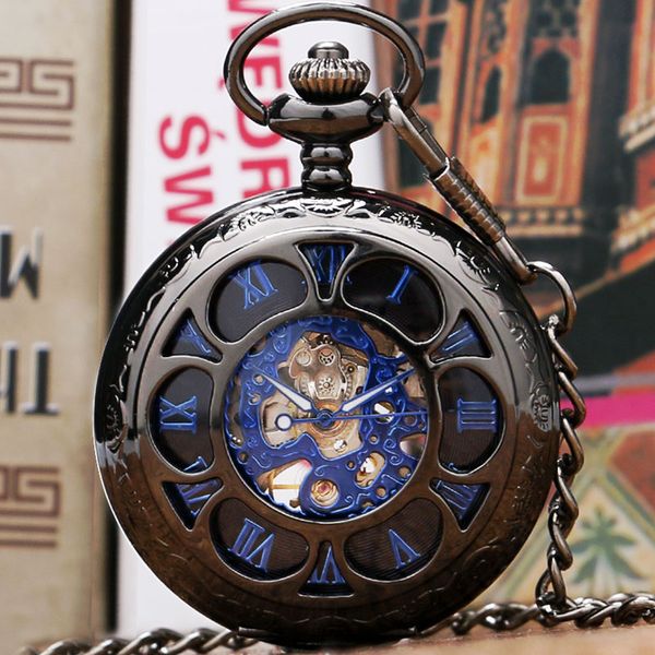 All'ingrosso-cassa cava fiore nero numero romano blu quadrante scheletrato orologio da tasca meccanico Steampunk con catena regalo per uomo donna