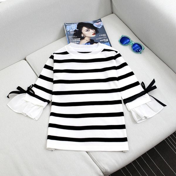 

wholesale- 2017 spring summer women thin knitted pullover air conditioning shirt female flare three quarter sleeve sweater stripe bow top, White;black