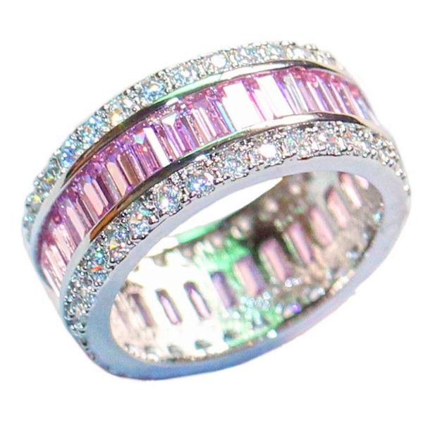 

luxury 925 sterling silver pink z pave setting full cz diamond gemstone rings jewelry wedding bride bands ring for women, Slivery;golden