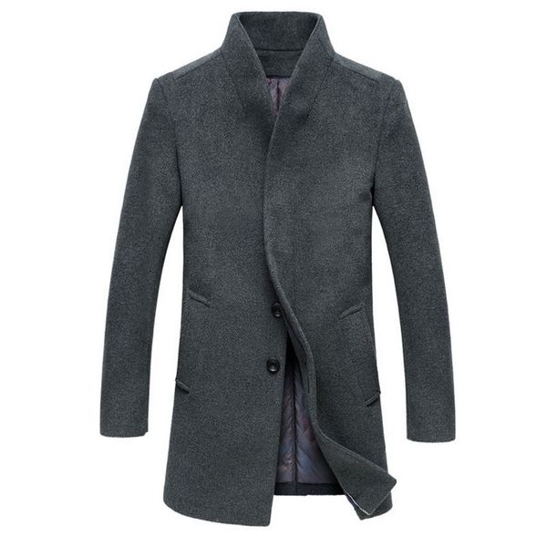 

wholesale- chaqueta hombre autumn winter overcoat men long section solid wool coat casual stand collar mens woolen coat 5 colors plus size, Black