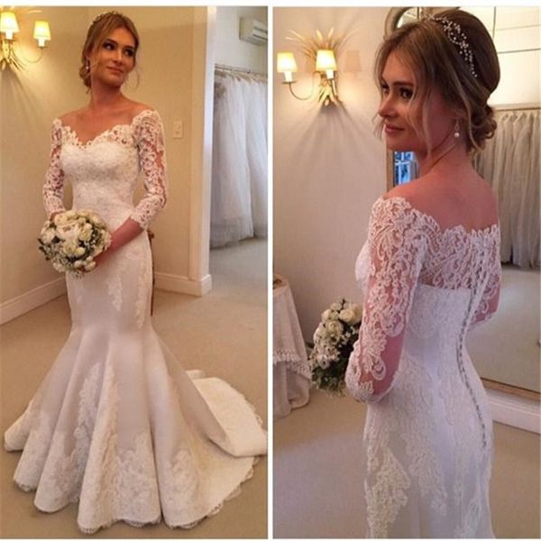 

mermaid lace wedding dresses three quarter sleeves off shoulder lace satin floor length 2020 simple bridal gowns custom made fashion, White