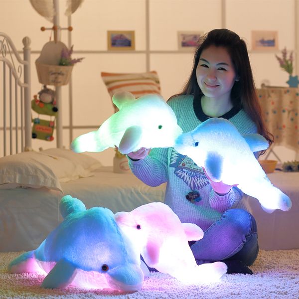 

wholesale- 45cm luminous flashing colorful dolphin pillow with led light soft toy cushion plush stuffed doll for party birthday gift