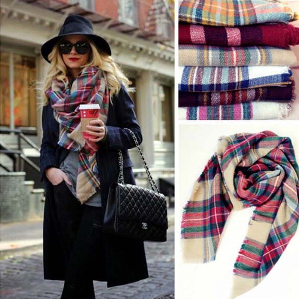 

2017autumn and winter women plaid scarves grid tassel wrap oversized check shawl tartan cashmere scarf winter neckerchief lattice blankets, Blue;gray