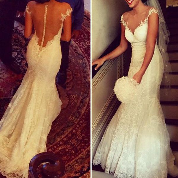 

new modest lace wedding dresses sheer neck cap sleeves appliques tulle see through back mermaid wedding dresses bridal dresses, White