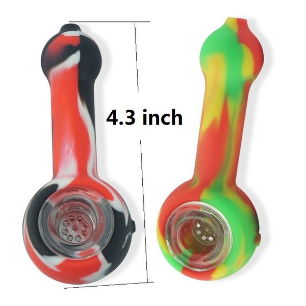 

4.3 Inch Silicone Hand Pipes with Glass Screen Bowl Food Grade Silicone Tobacco Pipe Spoon Hand Bubbler 16 Colors Available