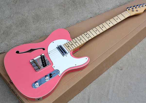 

Factory Wholesale Pink Body One f Hole Electric Guitar with White Pickguard,Maple Fretboard,White Binding,Offer Customized