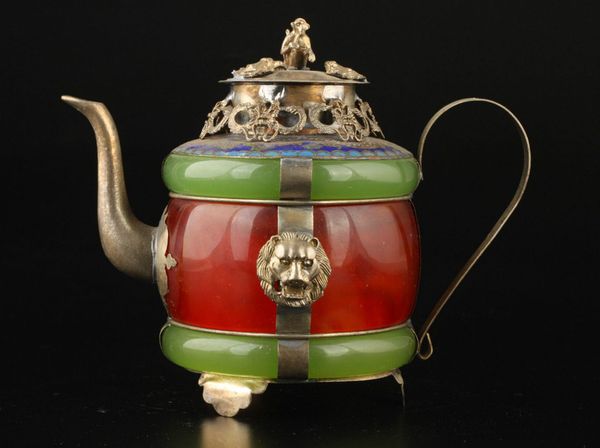 Chinois Travail Manuel Vieux Vert und Rouge Jade Armband Intarsien Tibet-Silber Drachen Théière