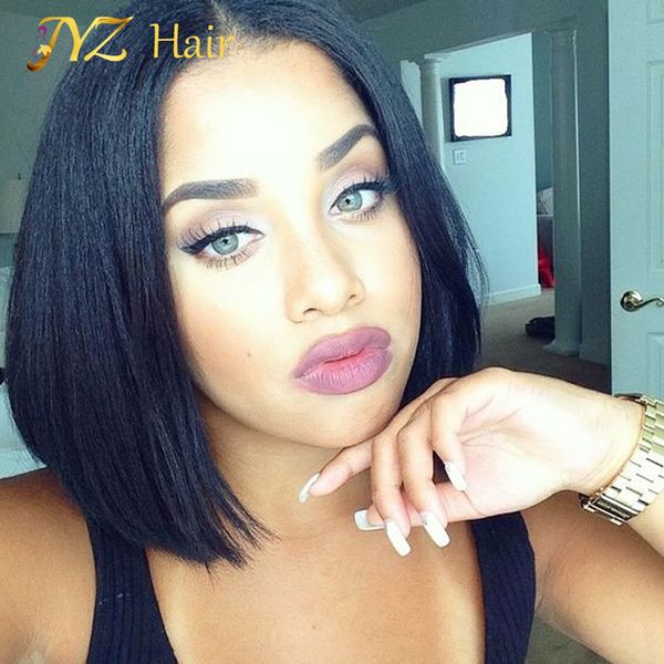 

jyz virgin brazilian human hair short lace front wig bob straight full lace human hair wig with baby hair glueless lace wig, Black;brown