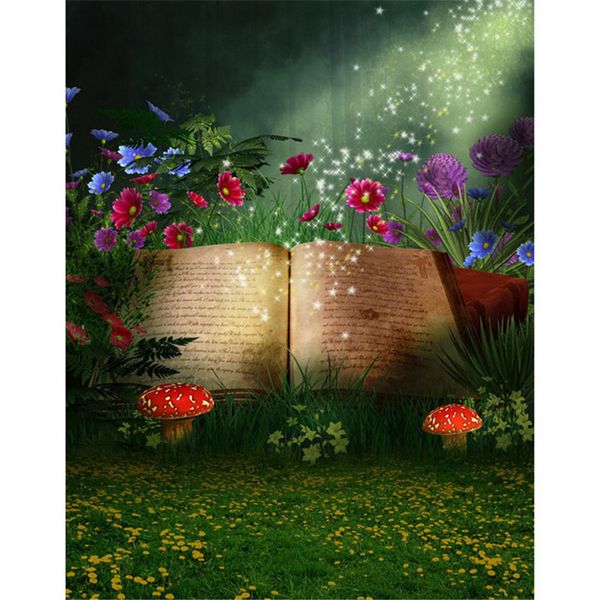 Beautiful Fairyland Spring Scenic Vinyl Fondali Fantasy Glitters Book Prato verde Funghi Fiori colorati Sfondi fotografia per bambini