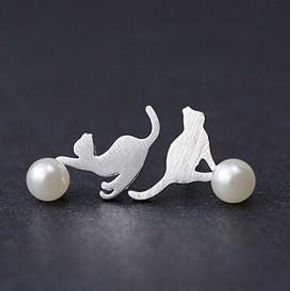 

cute stud earrings s925 silver sterling cat pearl stud earrings gifts for girls /ladies ear studs, Golden;silver