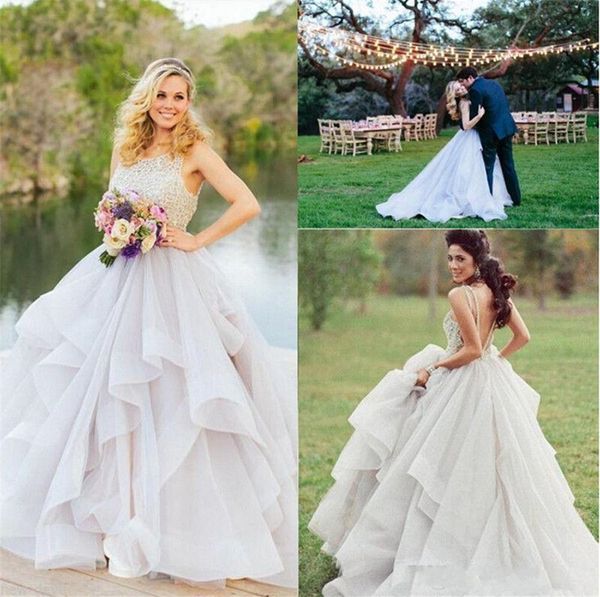 

crew neck beaded lace backless a-line ruffled skirts novia bridal gowns spring summer custom made wedding dresses, White