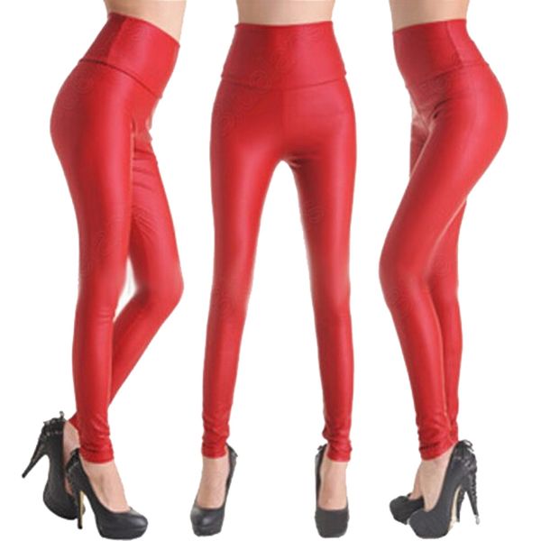 Schwarz/Rot Sexy Kunstleder Stretch Leggings Damen Hohe Taille Enge Hose Disco Hose Skinny Hose