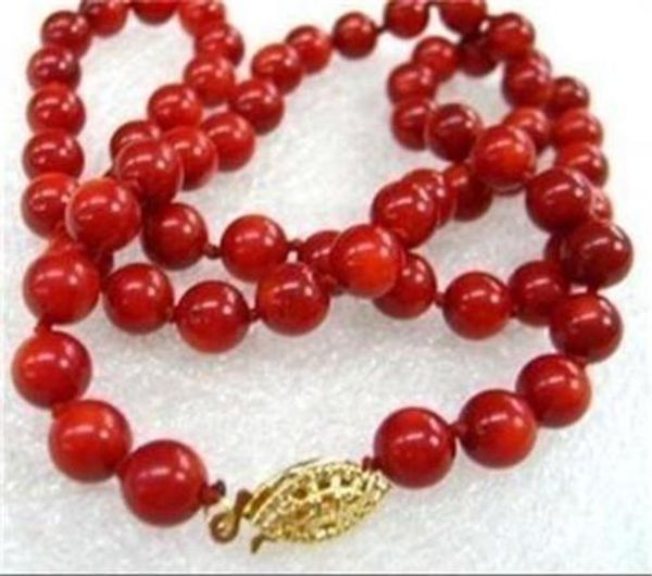 

10mm red sea coral round beads necklace 18", Silver
