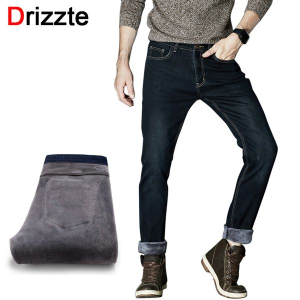 

wholesale-drizzte mens winter fleece jeans lined stretch denim warm black jeans for men designer slim fit brand trousers pants jeans, Blue