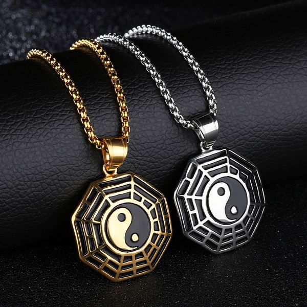 

new tai chi bagua fans pendant women men compass artificial stone feather pendants necklace stainless steel five-pointed star skull necklace, Silver