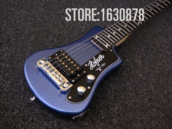 Bequeme Custom-Höfner-Shorty-Reisegitarre in Metallic-Blau für Linkshänder, tragbare Mini-E-Gitarre mit Baumwoll-Gigbag