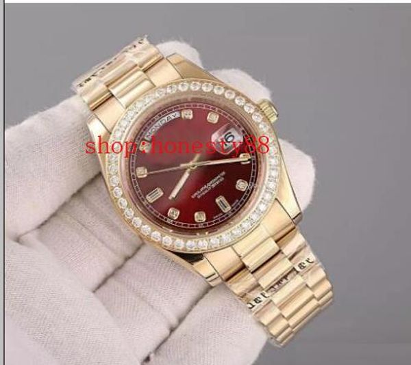 

super n president day date 18k gold 41mm men's watch with diamond bezel red dial and diamond hour markers mens watch, Slivery;brown