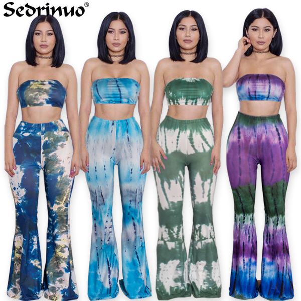 All'ingrosso- Donna Estate 2 pezzi Tuta Set Pantaloni lunghi a zampa senza spalline Crop Top Vita alta Pantaloni a gamba larga Stampato Sexy club Beach Romper