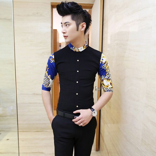 

wholesale- men floral shirts 2015 new arrival blue white black mens floral dress shirts half sleeve slim fit men business shirt