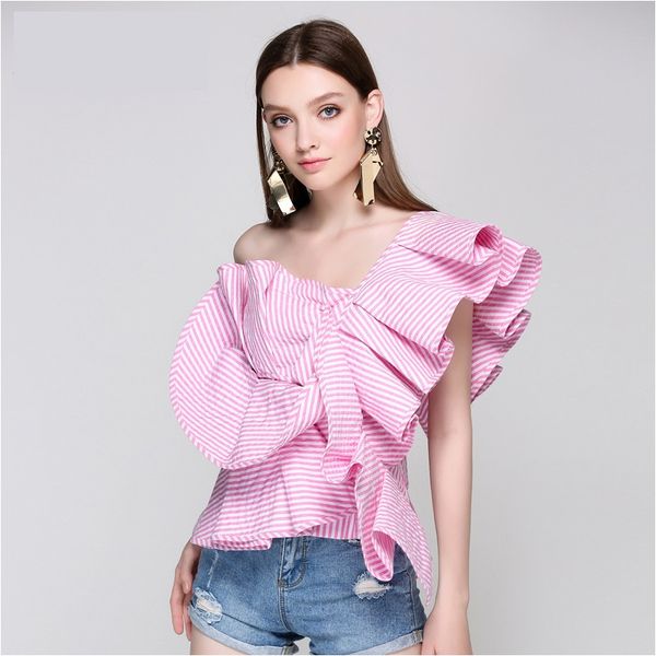 

women one shoulder blouse 2017 autumn brand designer layered ruffles sleeveless shirts elegant party cocktail evening, White