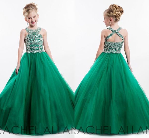 

2022 little girls cupcake pageant green halter beads crystals sequins floor length a line formal girls dresses for teens, White;red