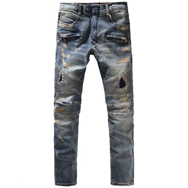 

Wholesale-Men's fashion vintage hole ripped biker jeans Male casual slim patch high quality denim pants Long trousers