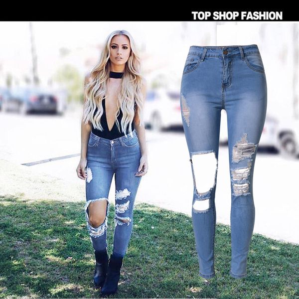 

wholesale- 2016 fashion street style high waist jeans woman elastic denim pants ripped begger knee hole ladies skinny pencil pants, Blue