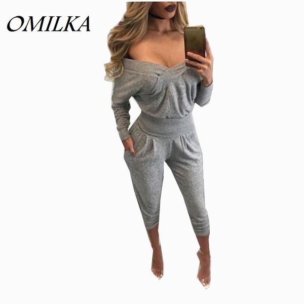 

wholesale- omilka rompers womens jumpsuit 2017 autumn winter long sleeve v neck off the shoulder gray club party bodycon one piece jumpsuit, Black;white