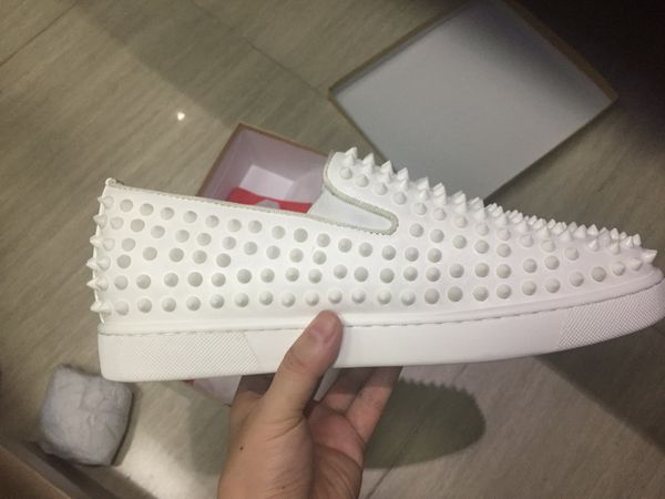 

designer france red bottom red genuine leather fashion red rivets spikes sneakers men women casual flat shoes, Black