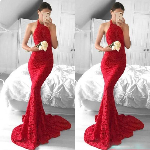 

amercian celebrity wear mermaid stylish prom dresses lace halter neck zipper back evening party dresses high neck sweep train evening gown, Black