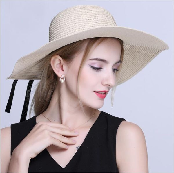 

women's wide brim sun hats summer sun shading straw hats with ribbons beach holiday style large brim hats bowknot decoration, Blue;gray