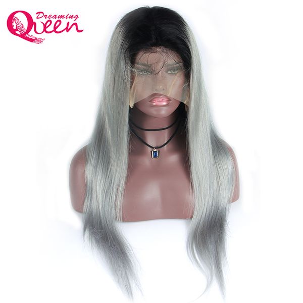 Reta Ombre Cor Peruca 1B / Cinza Laço Completo Peruca Do Cabelo Humano 130% Densidade Com Raízes Negras Escuras 100% Brasileiro Virgem Humano Cabelo 1B / Gray Wig