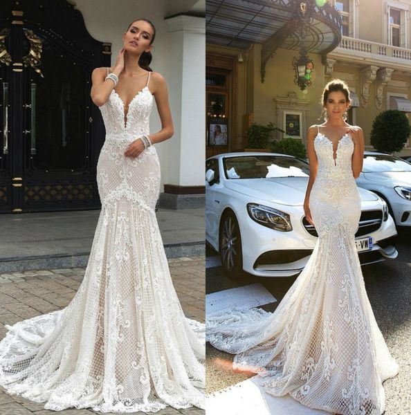 

mermaid wedding dress saudi arabia dubai v neck sleeveless full lace appliqued spaghetti sweep train sheer beach bridal gowns, White