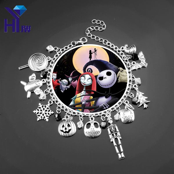 

wholesale- heyu nightmare before christmas charm bracelet halloween jack skellington sally snowflakes goth skull pumpkin wristlet bracelet, Golden;silver