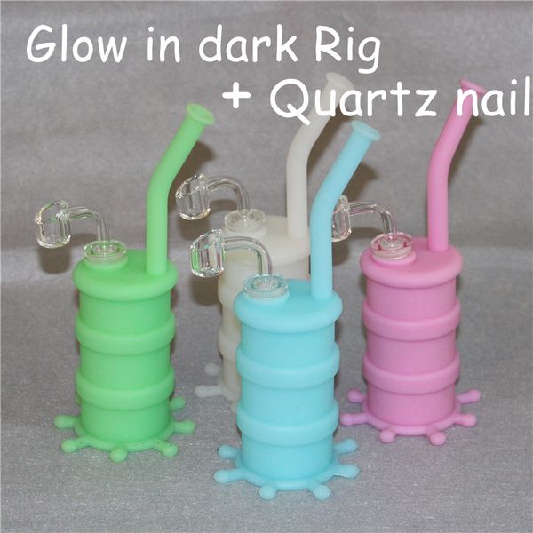 Silikon-Wasserpfeifenbongs von Silicon Rigs, die im Dunkeln leuchten, Öl-Dab-Rig mit klaren 4-mm-14-mm-Quarznägeln