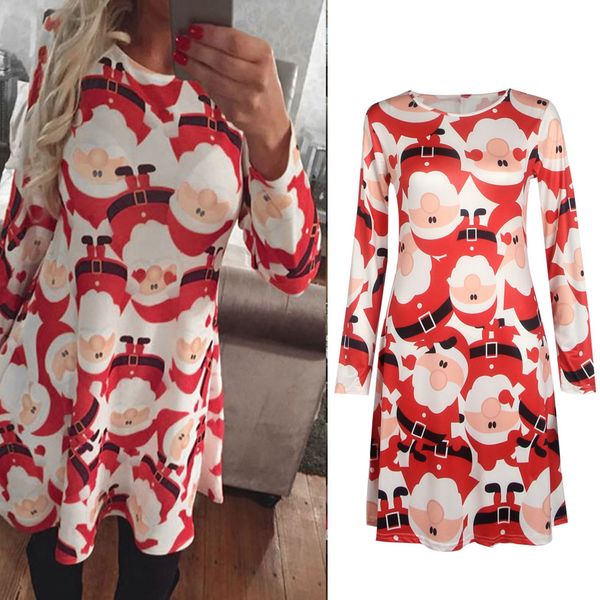 

15PCS S-5XL Ladies Fashion A-Line Long Sleeved Christmas Print Flared A-Line Skater Short Dress Womens Cocktail Party Swing Dresses Clubwear