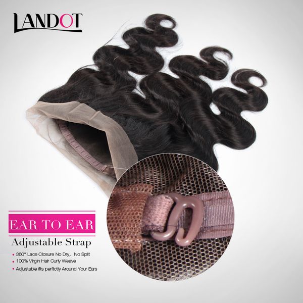 

360 full lace frontal closure 22.5*4*2 size 8a brazilian peruvian malaysian indian body wave virgin human hair frontal closures elastic band, Black;brown